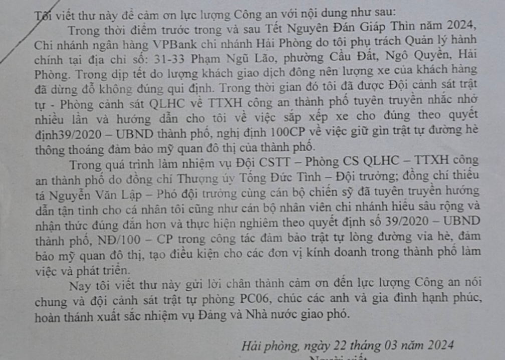Ngân hàng VPBank Chi nhánh Hải Phòng gửi thư cảm ơn Đội Cảnh sát trật tự, Phòng Cảnh sát QLHC về TTXH
